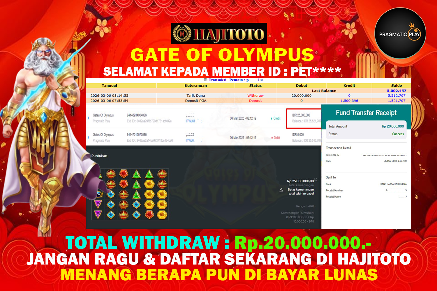 SELAMAT KEPADA PEMENANG MEMBER MERAIH JACKPOT DI GAME GATE OF OLYMPUS TOTAL RP 20.000.000 DI BAYAR LUNAS